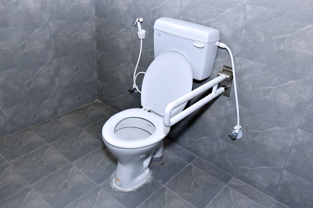 Disabled friendly toilet facility with handrails support